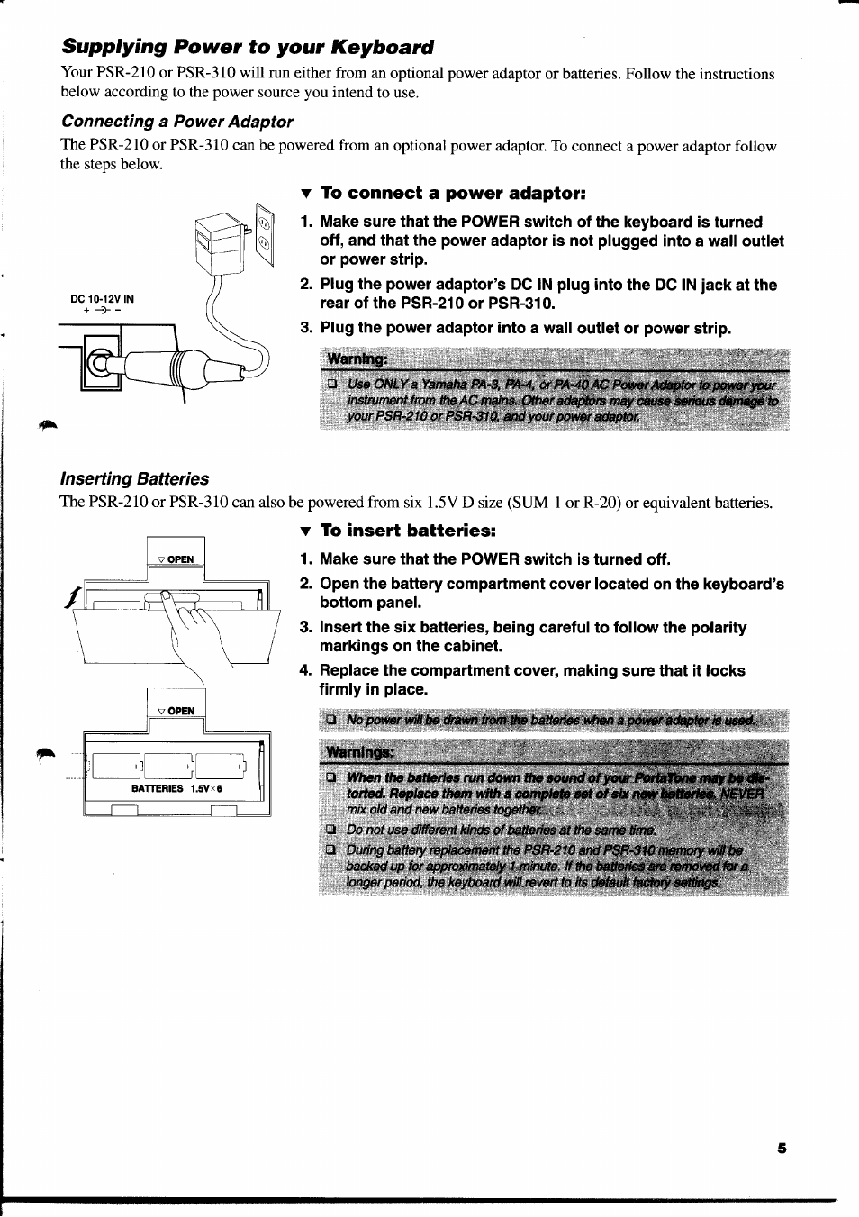 Supplying power to your keyboard, T to connect a power adaptor, T to insert batteries | Yamaha PSR-310  EN User Manual | Page 7 / 40