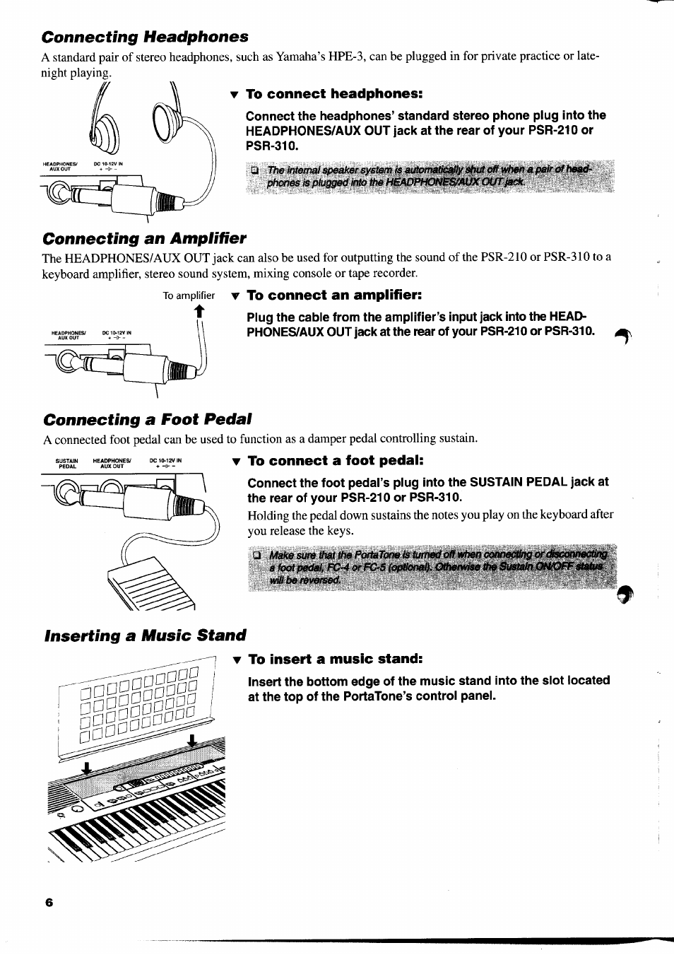 Connecting headphones, To connect headphones, Connecting an amplifier | To connect an amplifier, Connecting a foot pedal, Dc^iw2vin y xo connect a foot pedal, T to insert a music stand, Connect a foot pedal | Yamaha PSR-310  EN User Manual | Page 8 / 40