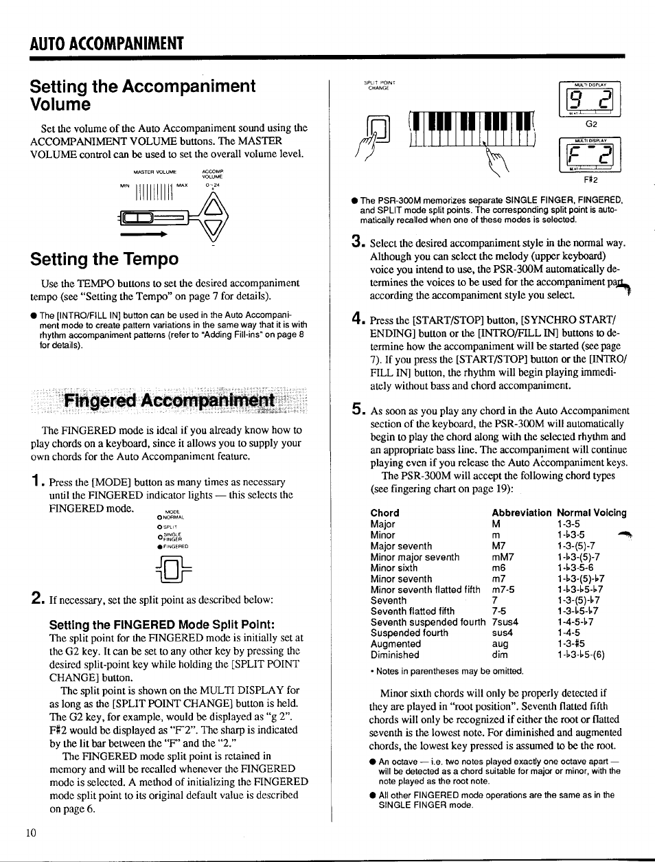 Auto accompaniment, Setting the accompaniment voiume, Setting the tempo | Fingered accompaniment, Press ihe [start/stop] button, [synchro start, Single finger accompaniment, P hffw, F ' г | Yamaha PSR-300m User Manual | Page 12 / 39