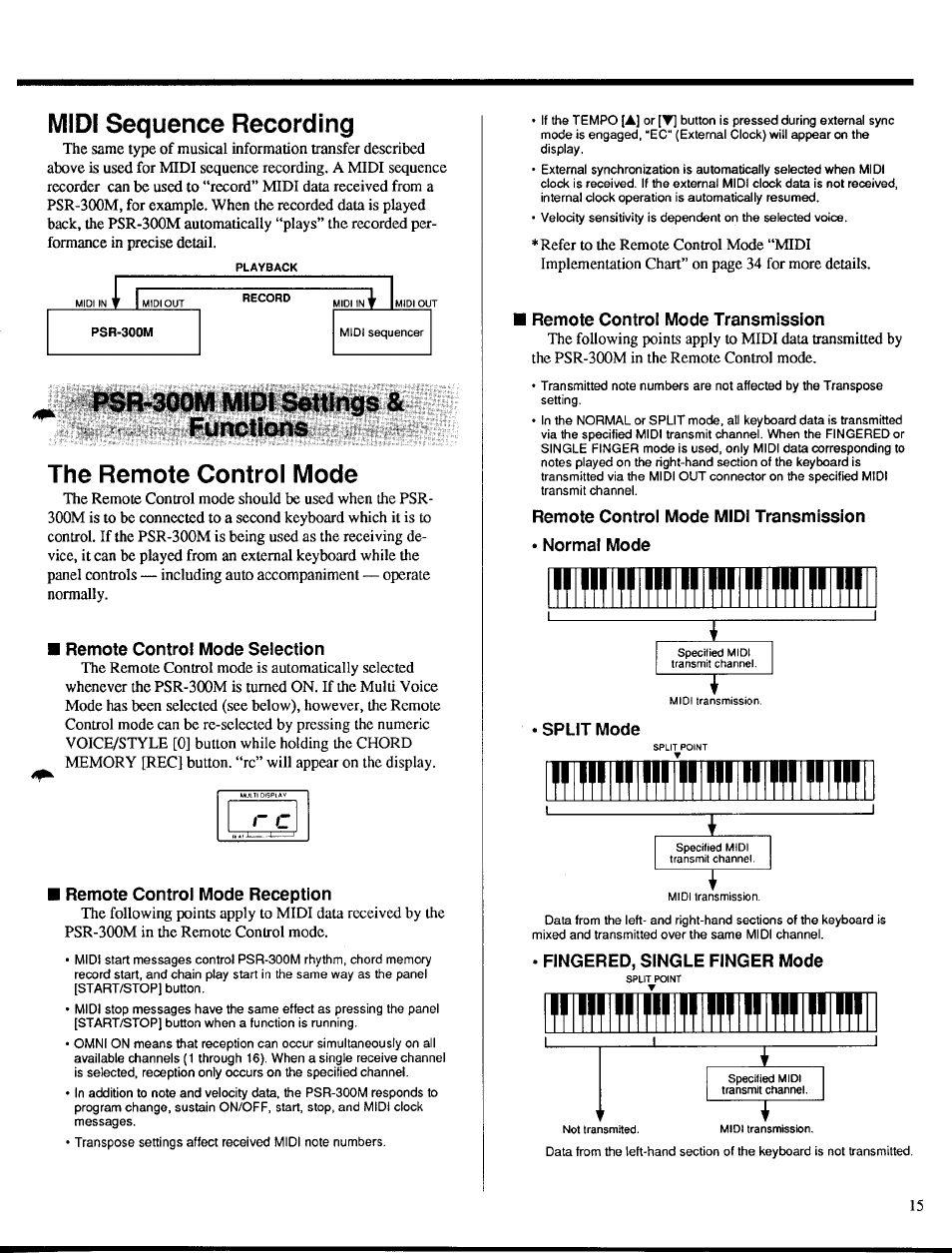 Midi sequence recording, Functions, The remote control mode | Remote control mode selection, Remote control mode reception, Remote control mode transmission, Remote control mode midi transmission, Normal mode, Split mode, Fingered, single finger mode | Yamaha PSR-300m User Manual | Page 17 / 39