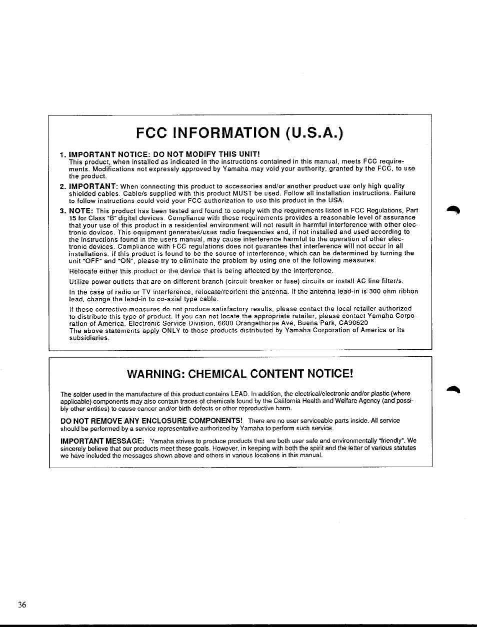 Fcc information (u.s.a.), Important notice: do not modify this unit, Warning: chemical content notice | Yamaha PSR-300m User Manual | Page 38 / 39