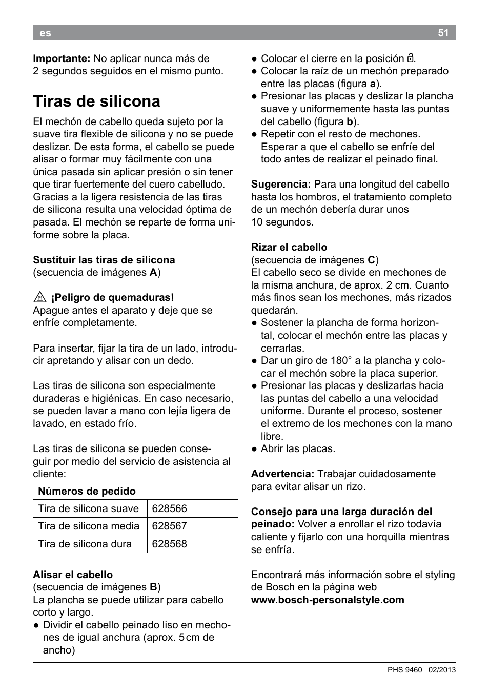 Tiras de silicona | Bosch PHS9460 Haarglätter ProSalon SleekStylist User Manual | Page 53 / 116