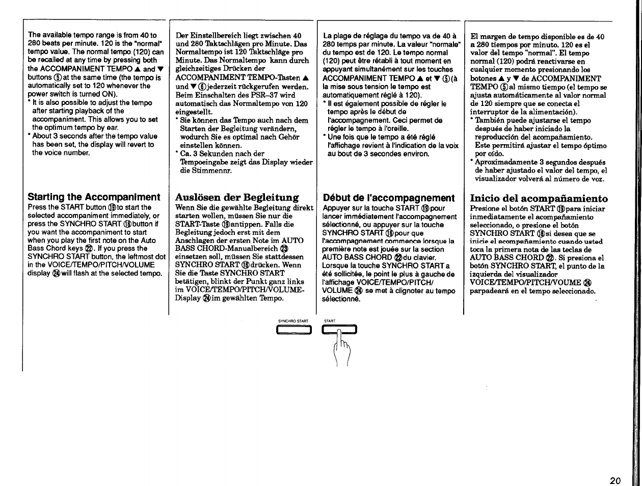 Starting the accompaniment, Auslösen der begleitung, Début de l'accompagnement | Inicio del acompañamiento, De acompañamiento | Yamaha PSR-37 User Manual | Page 21 / 30