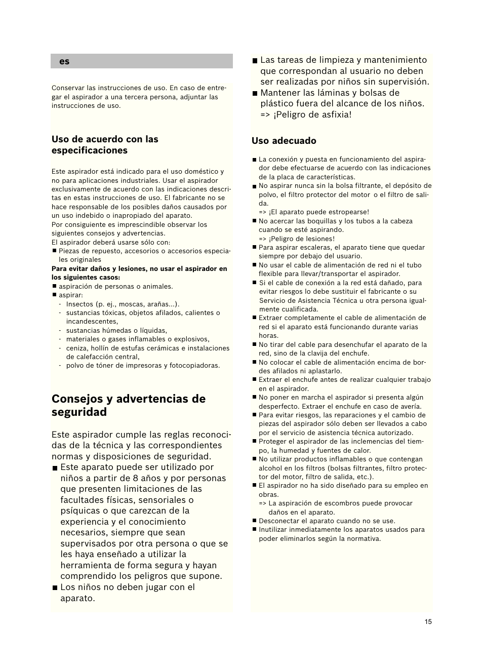 Consejos y advertencias de seguridad | Bosch Freee Bodenstaubsauger mit Staubbeutel BSGL51332 vanilla User Manual | Page 16 / 108