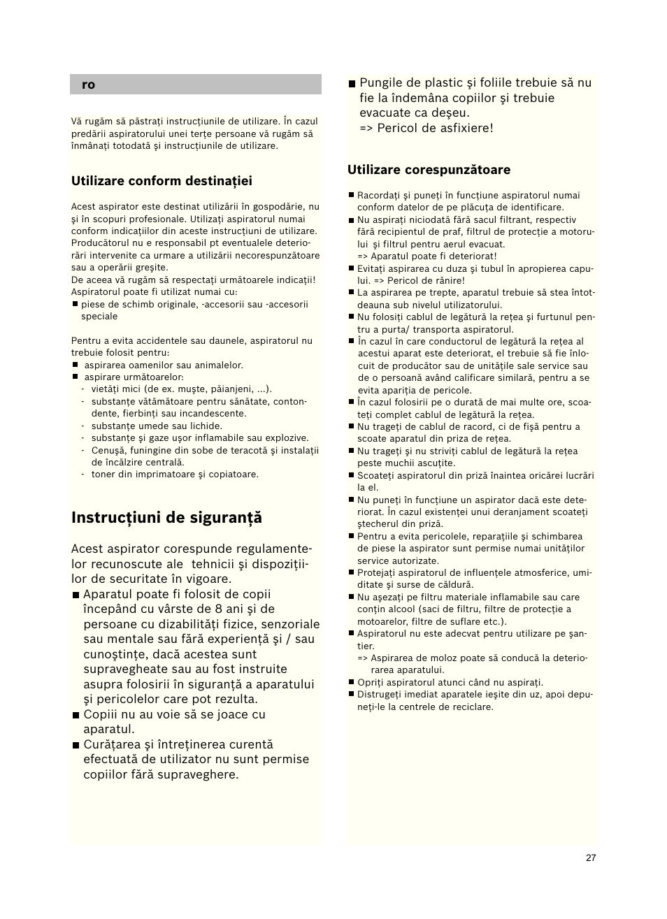 Instrucţiuni de siguranţă | Bosch Freee Bodenstaubsauger mit Staubbeutel BSGL51332 vanilla User Manual | Page 28 / 108