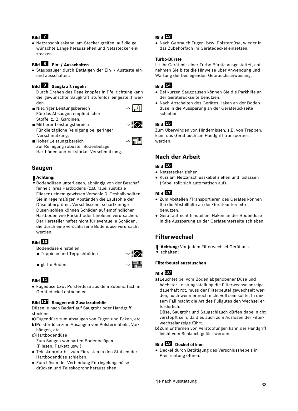 Nach der arbeit, Filterwechsel, Saugen | Bosch Freee Bodenstaubsauger mit Staubbeutel BSGL51332 vanilla User Manual | Page 34 / 108