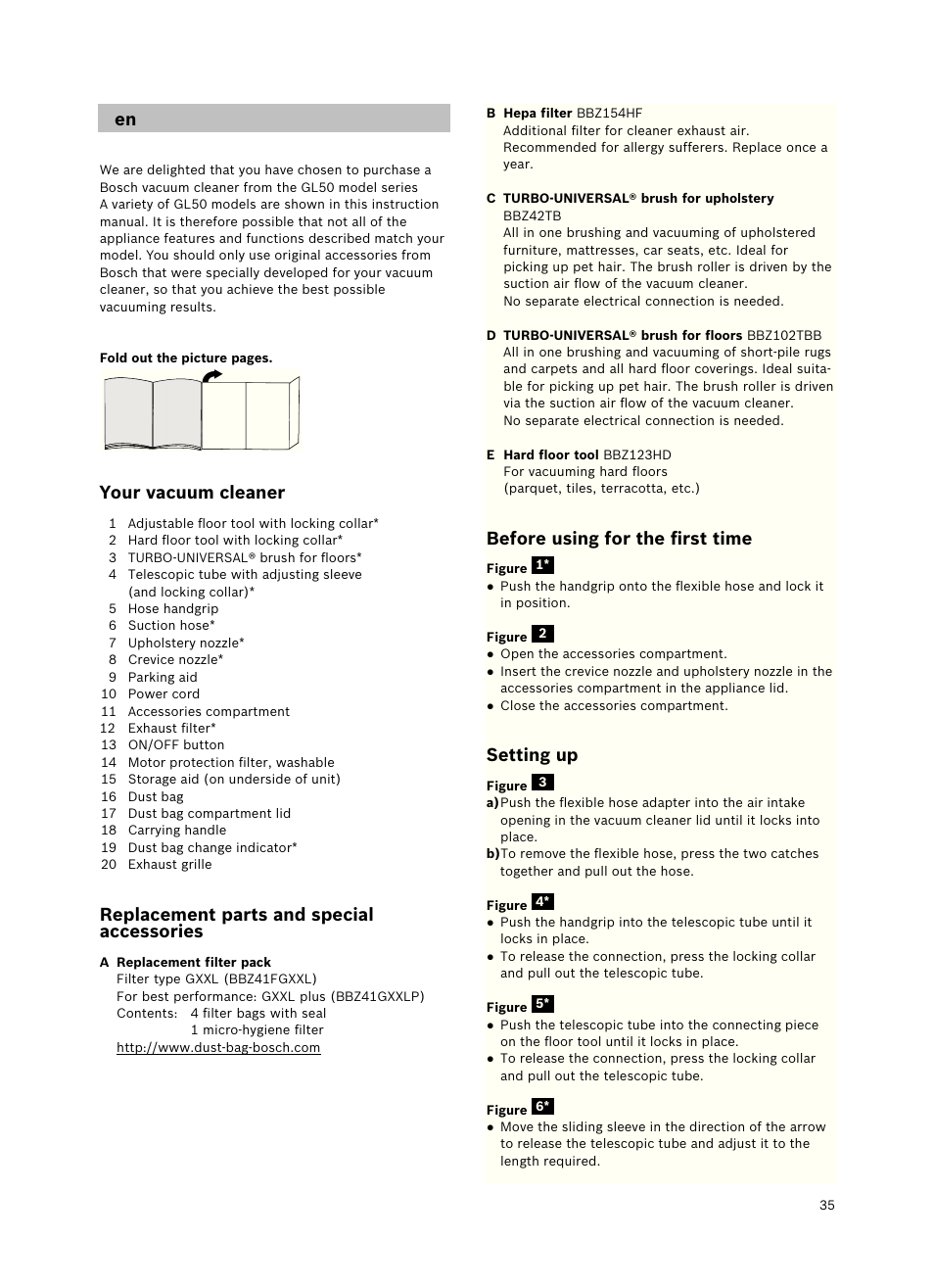 Your vacuum cleaner, Replacement parts and special accessories, Before using for the ﬁrst time | Setting up | Bosch Freee Bodenstaubsauger mit Staubbeutel BSGL51332 vanilla User Manual | Page 36 / 108