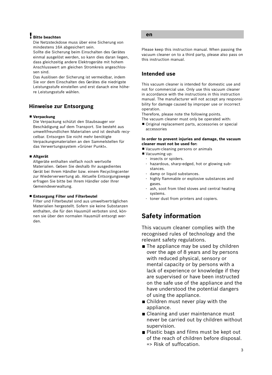 Safety information | Bosch Freee Bodenstaubsauger mit Staubbeutel BSGL51332 vanilla User Manual | Page 4 / 108