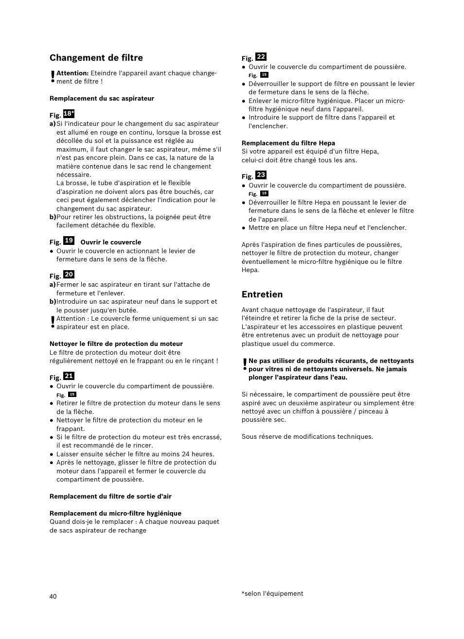 Changement de ﬁltre, Entretien | Bosch Freee Bodenstaubsauger mit Staubbeutel BSGL51332 vanilla User Manual | Page 41 / 108