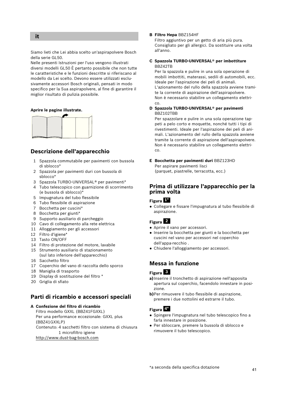 Descrizione dell'apparecchio, Parti di ricambio e accessori speciali, Messa in funzione | Bosch Freee Bodenstaubsauger mit Staubbeutel BSGL51332 vanilla User Manual | Page 42 / 108