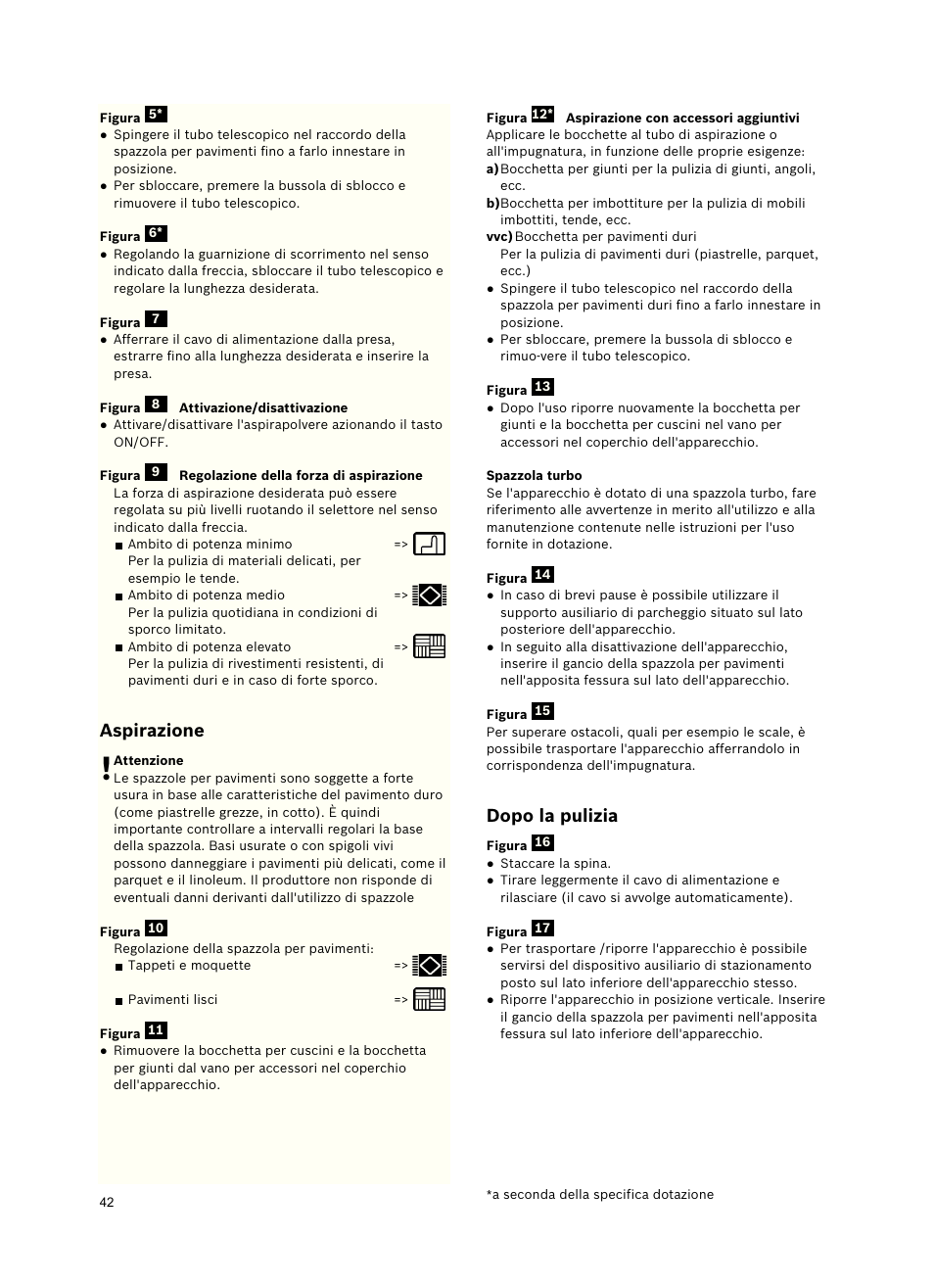 Aspirazione, Dopo la pulizia | Bosch Freee Bodenstaubsauger mit Staubbeutel BSGL51332 vanilla User Manual | Page 43 / 108