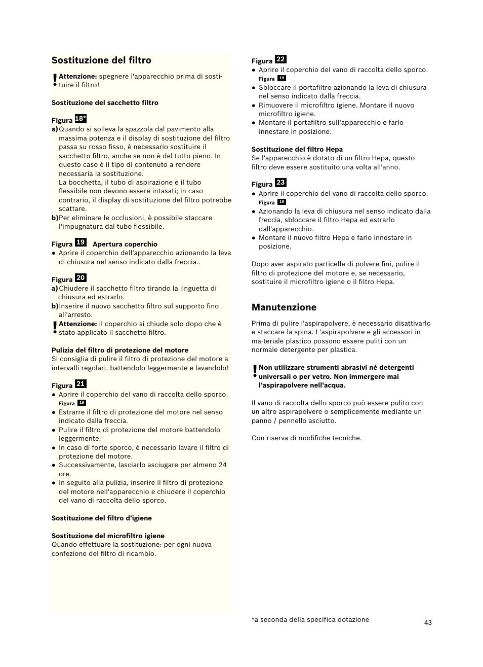 Sostituzione del ﬁltro, Manutenzione | Bosch Freee Bodenstaubsauger mit Staubbeutel BSGL51332 vanilla User Manual | Page 44 / 108