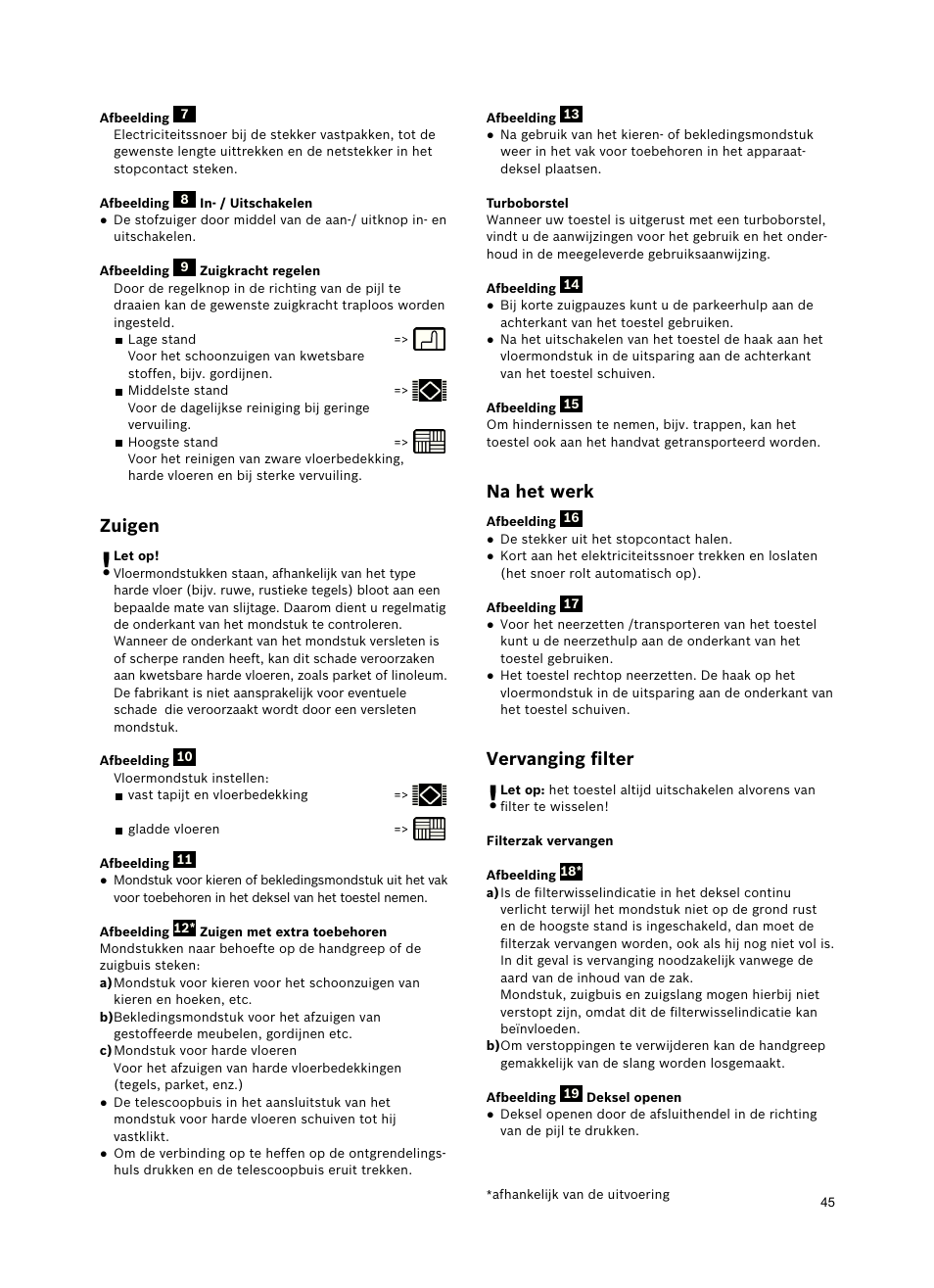 Zuigen, Na het werk, Vervanging ﬁlter | Bosch Freee Bodenstaubsauger mit Staubbeutel BSGL51332 vanilla User Manual | Page 46 / 108
