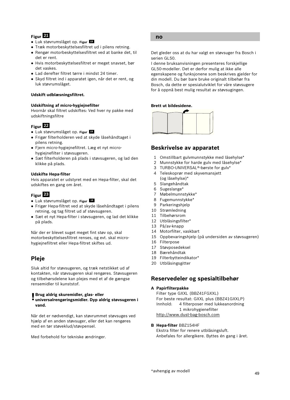 Pleje, Beskrivelse av apparatet, Reservedeler og spesialtilbehør | Bosch Freee Bodenstaubsauger mit Staubbeutel BSGL51332 vanilla User Manual | Page 50 / 108
