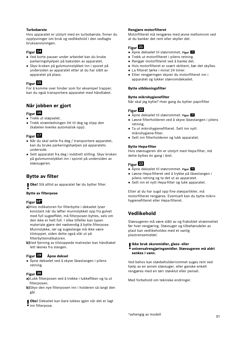 Når jobben er gjort, Bytte av ﬁlter, Vedlikehold | Bosch Freee Bodenstaubsauger mit Staubbeutel BSGL51332 vanilla User Manual | Page 52 / 108