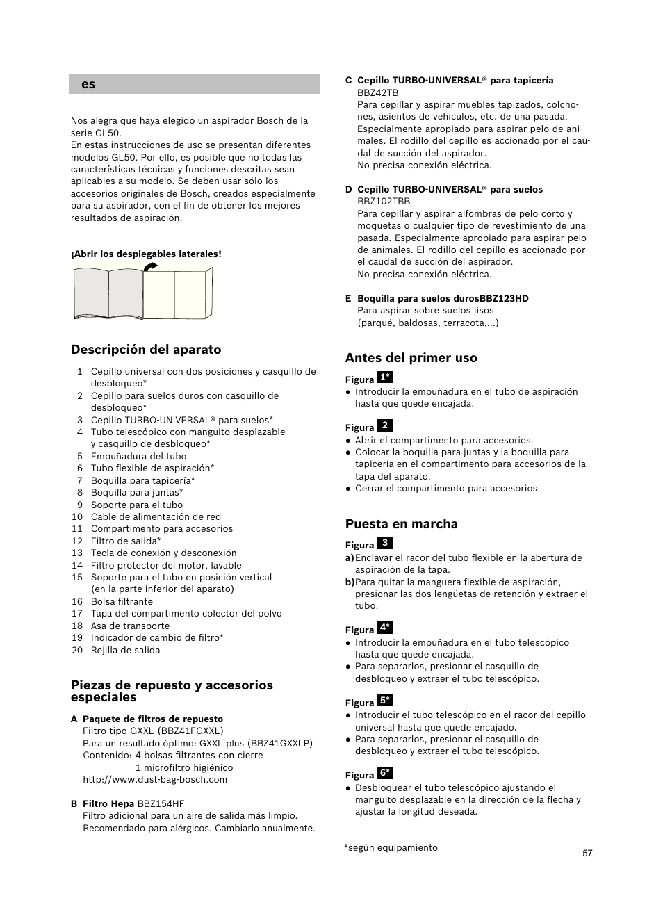 Antes del primer uso, Puesta en marcha, Descripción del aparato | Piezas de repuesto y accesorios especiales | Bosch Freee Bodenstaubsauger mit Staubbeutel BSGL51332 vanilla User Manual | Page 58 / 108