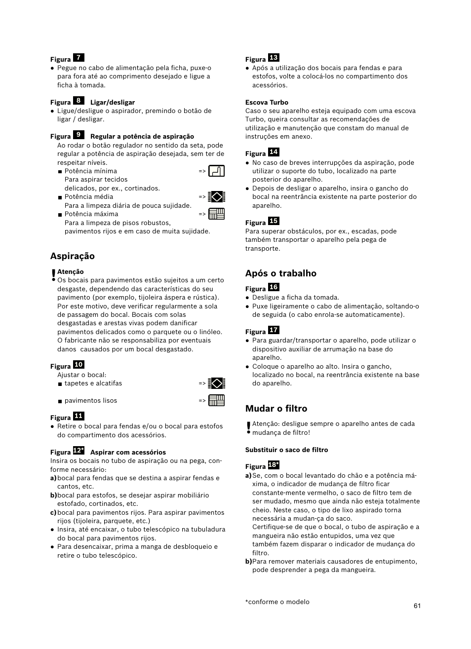 Aspiração, Após o trabalho, Mudar o ﬁltro | Bosch Freee Bodenstaubsauger mit Staubbeutel BSGL51332 vanilla User Manual | Page 62 / 108