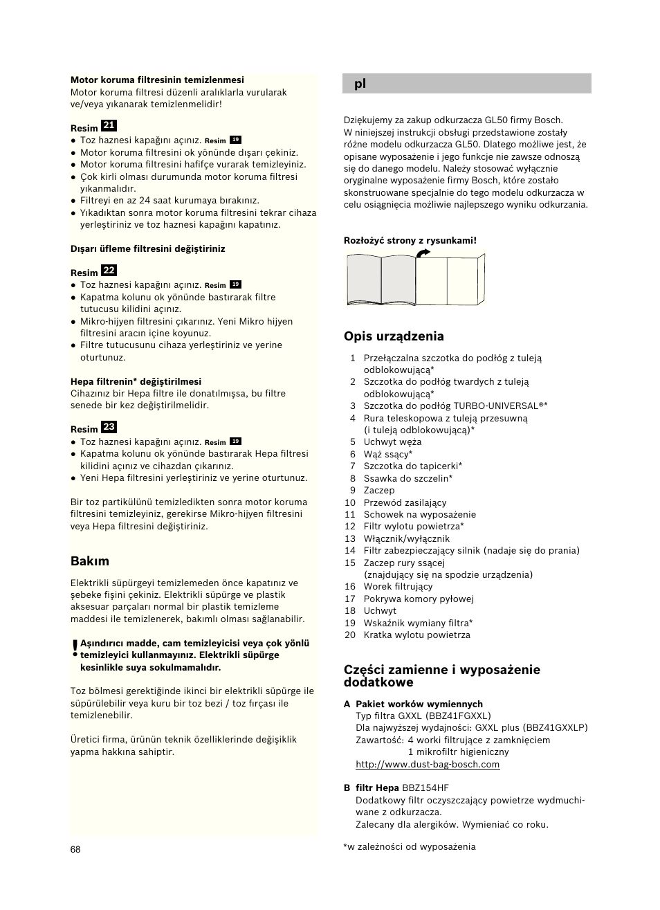 Bakım, Opis urządzenia, Części zamienne i wyposażenie dodatkowe | Bosch Freee Bodenstaubsauger mit Staubbeutel BSGL51332 vanilla User Manual | Page 69 / 108