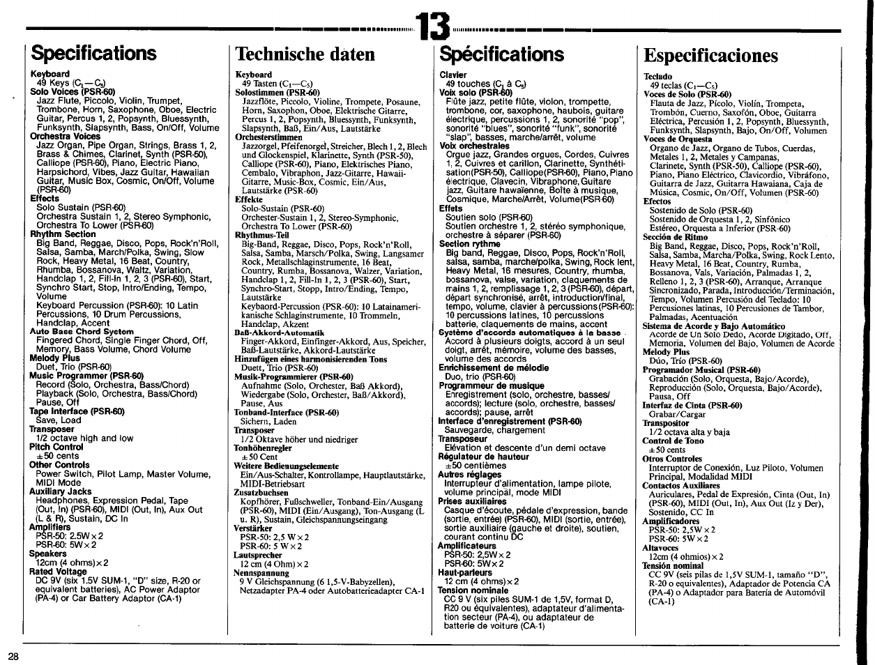 Specifications, Technische daten, Spécifications | Clavier, Especificaciones | Yamaha PSR-50 User Manual | Page 30 / 32