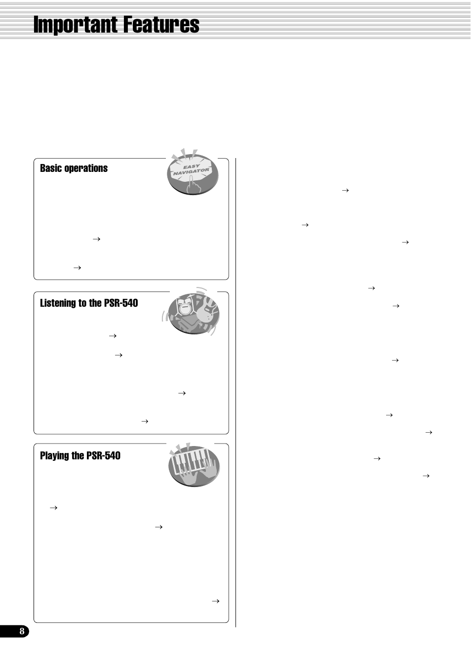 Important features, Basic operations, Listening to the psr-540 | Playing the psr-540 | Yamaha PSR-540 User Manual | Page 8 / 160