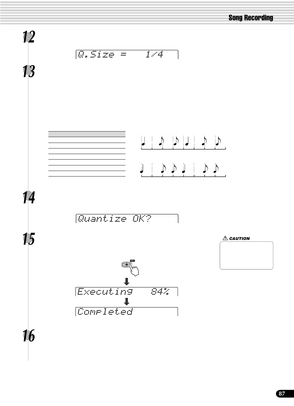 Quantize ok? q.size = 1/4, Executing 84% completed, Song recording | Yamaha PSR-540 User Manual | Page 87 / 160