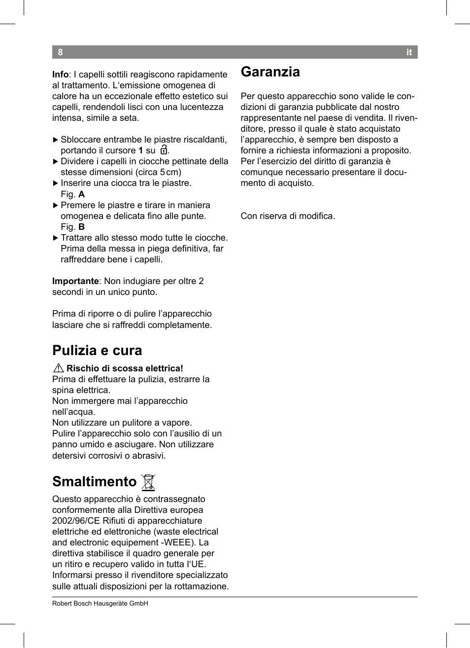 Pulizia e cura, Smaltimento, Garanzia | Bosch PHS2004 Haarglätter Purple Passion User Manual | Page 10 / 46