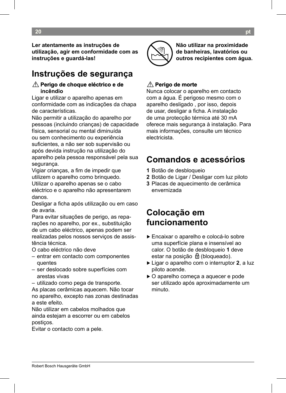 Instruções de segurança, Comandos e acessórios, Colocação em funcionamento | Bosch PHS2004 Haarglätter Purple Passion User Manual | Page 22 / 46