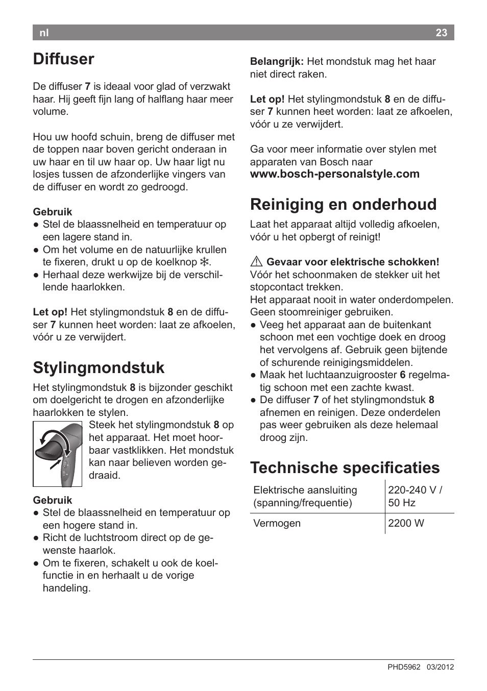 Diffuser, Stylingmondstuk, Reiniging en onderhoud | Technische specificaties | Bosch PHD5962 Haartrockner PureStyle User Manual | Page 25 / 93