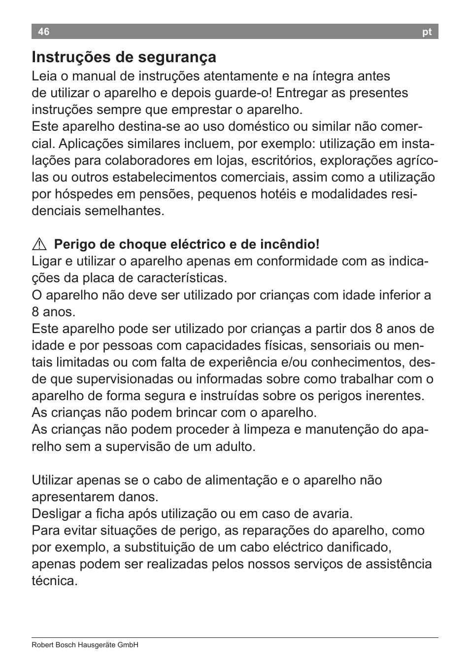 Instruções de segurança | Bosch PHD5962 Haartrockner PureStyle User Manual | Page 48 / 93