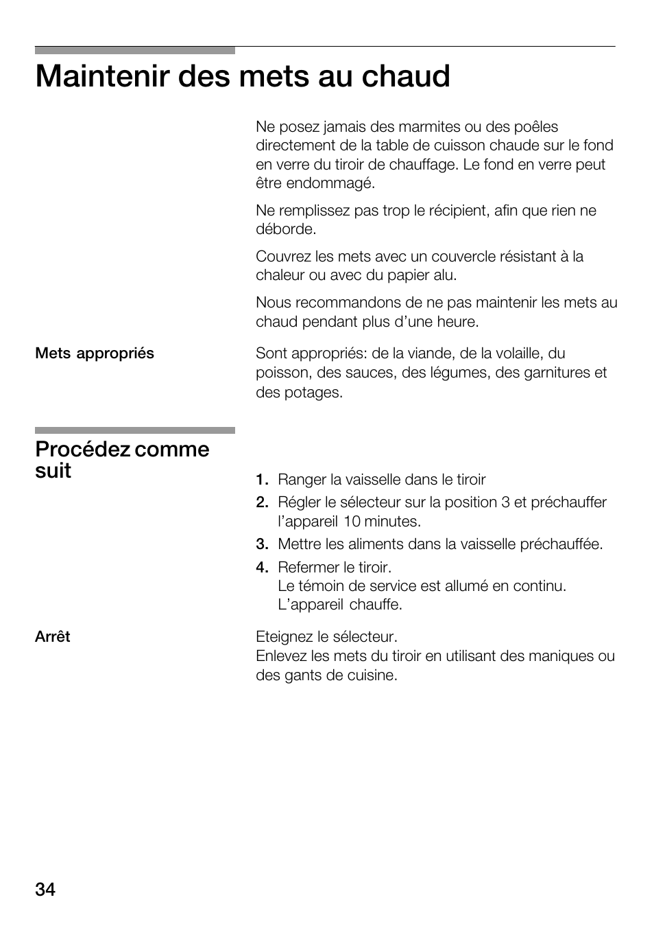 Maintenir des mets au chaud, Procédez comme suit | Bosch HSC140PB1 Einbau-Wärmeschublade 141 mm hoch User Manual | Page 34 / 80