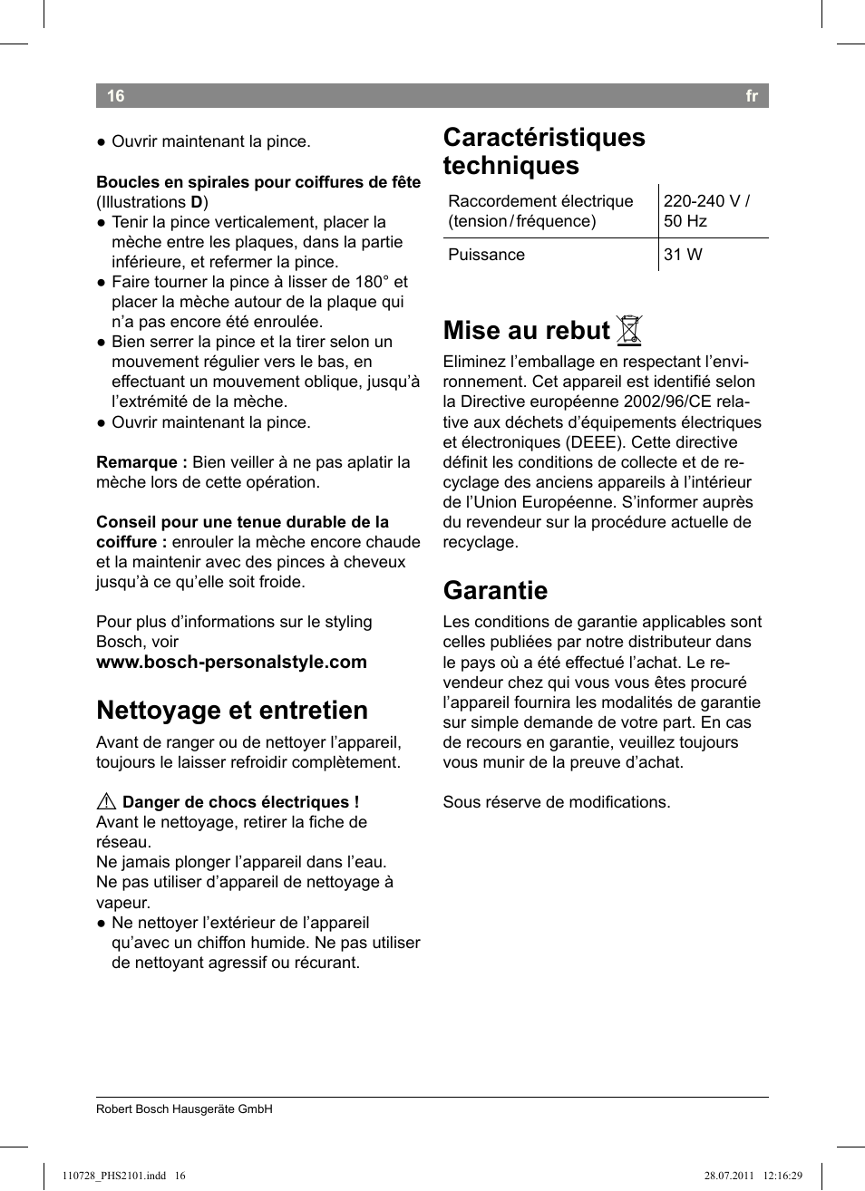 Nettoyage et entretien, Caractéristiques techniques, Mise au rebut | Garantie | Bosch PHS2101 Haarglätter StarShine StraightStyle User Manual | Page 20 / 104