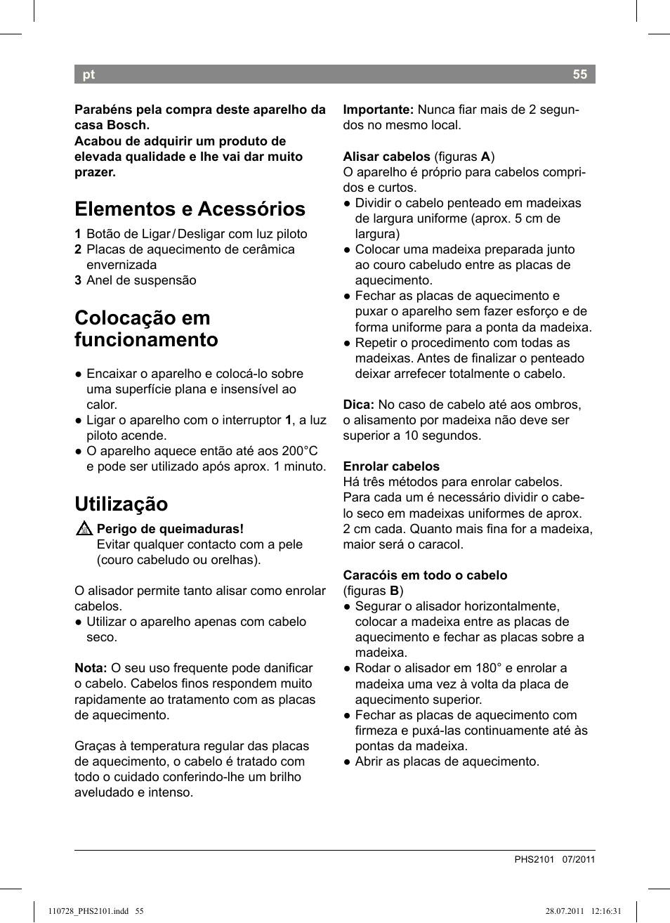 Elementos e acessórios, Colocação em funcionamento, Utilização | Bosch PHS2101 Haarglätter StarShine StraightStyle User Manual | Page 59 / 104