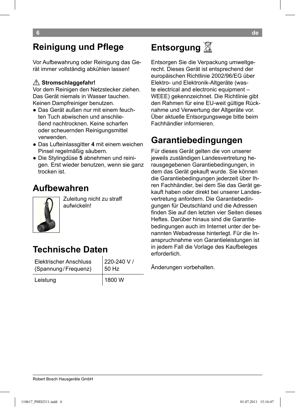 Reinigung und pﬂ ege, Aufbewahren, Technische daten | Entsorgung, Garantiebedingungen | Bosch PHD2511 Haartrockner StarShine DryStyle User Manual | Page 8 / 100