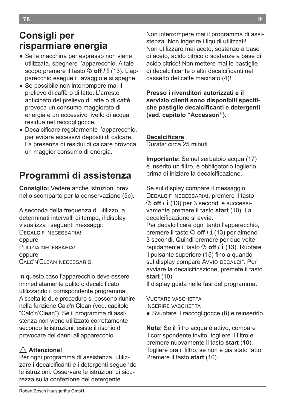 Consigli per risparmiare energia, Programmi di assistenza | Bosch TES50651DE VeroCafe LattePro Kaffeevollautomat Helles Anthrazit Morning Haze User Manual | Page 82 / 94