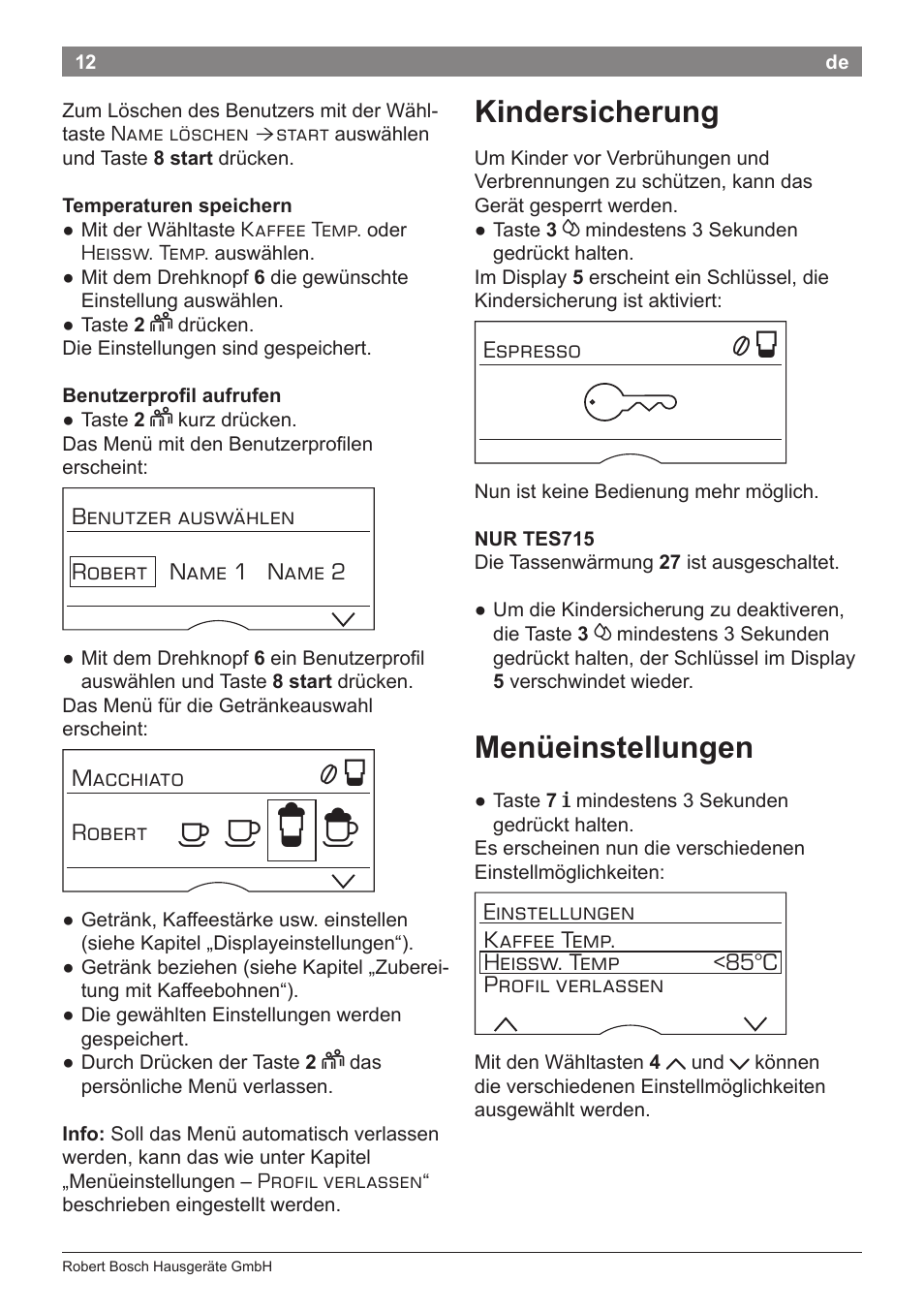 А б е ж, Kindersicherung, Menüeinstellungen | Bosch TES71251DE VeroBar AromaPro 100 Kaffeevollautomat silber User Manual | Page 16 / 116