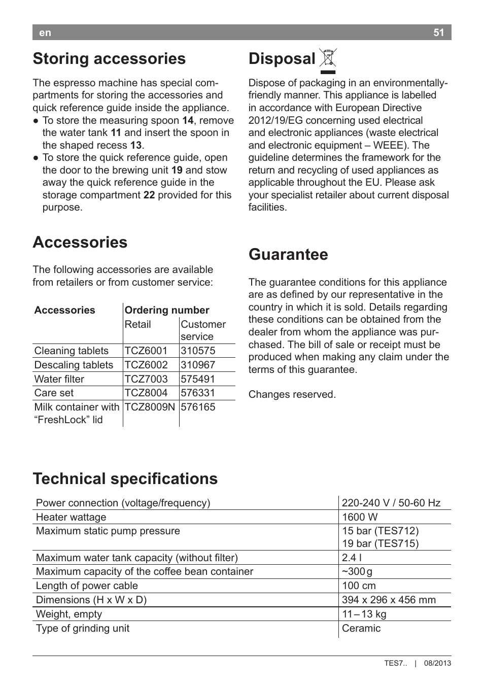 Storing accessories, Accessories, Disposal | Guarantee, Technical specifications | Bosch TES71251DE VeroBar AromaPro 100 Kaffeevollautomat silber User Manual | Page 55 / 116