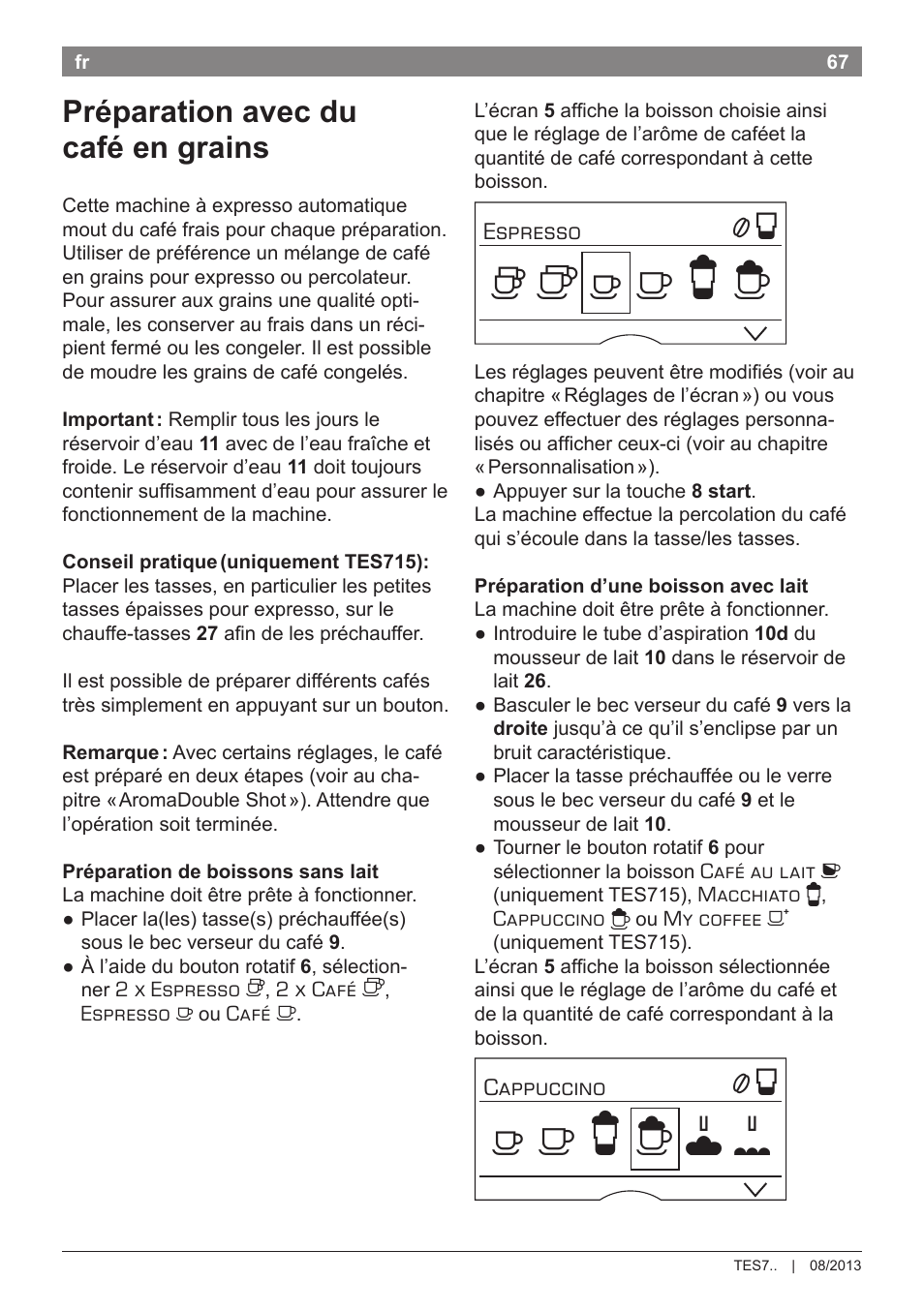 Préparation avec du café en grains | Bosch TES71251DE VeroBar AromaPro 100 Kaffeevollautomat silber User Manual | Page 71 / 116
