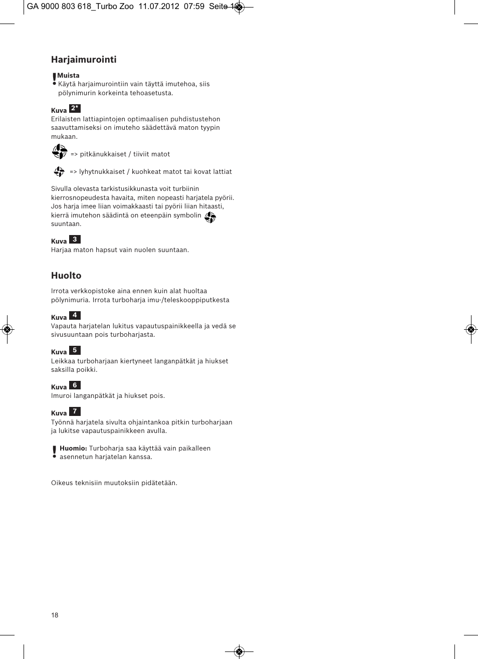Harjaimurointi, Huolto | Bosch Zooo ProAnimal Beutelloser Bodenstaubsauger BGS51842 tornadorot User Manual | Page 20 / 57