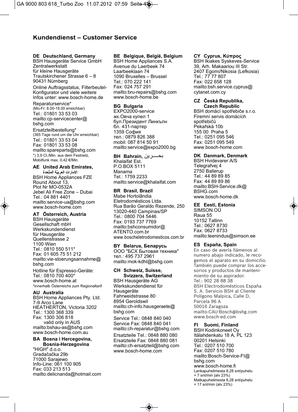 Kundendienst – customer service | Bosch Zooo ProAnimal Beutelloser Bodenstaubsauger BGS51842 tornadorot User Manual | Page 43 / 57