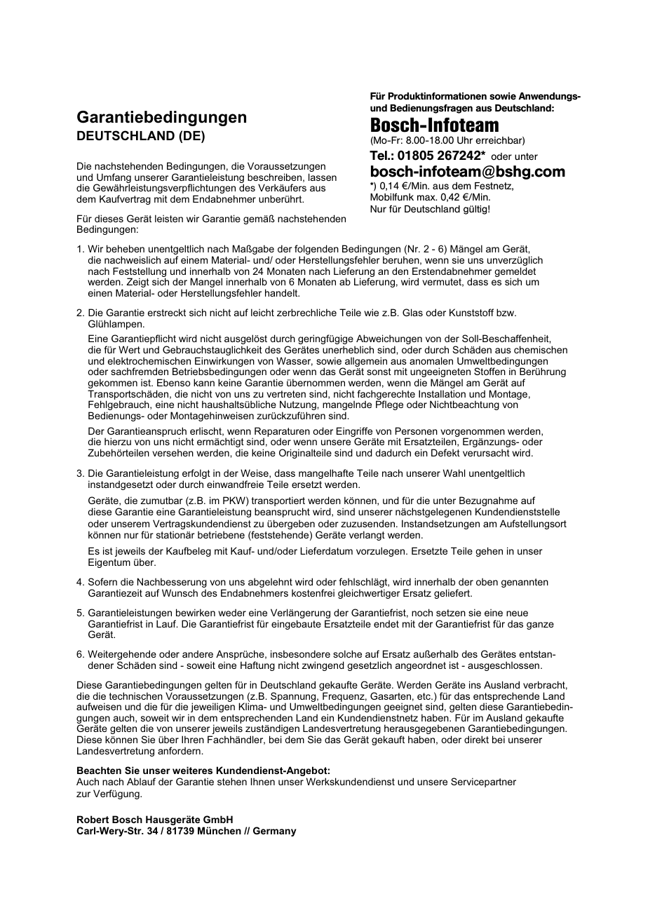 Bosch-infoteam, Garantiebedingungen | Bosch Zooo ProAnimal Beutelloser Bodenstaubsauger BGS51842 tornadorot User Manual | Page 55 / 57