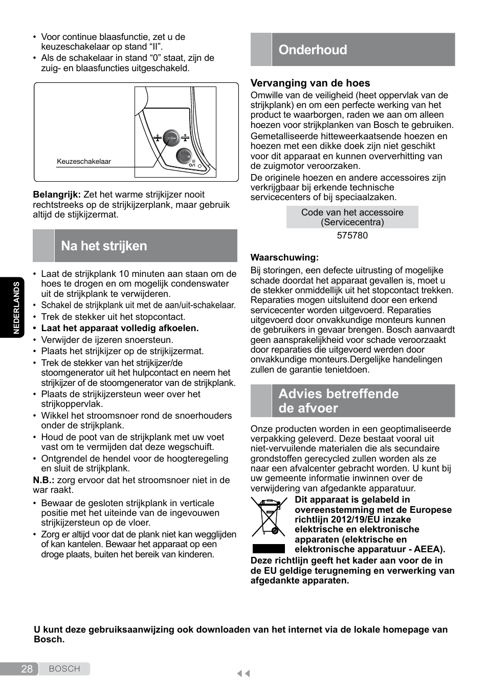 Na het strijken, Onderhoud, Advies betreffende de afvoer | Bosch Aktiv-Bügeltisch Sensixxx DN17 EditionRosso TDN1700P schwarz rot User Manual | Page 28 / 100