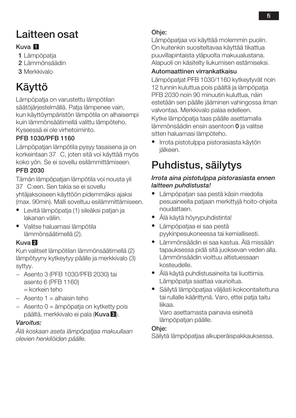 Laitteen osat, Käyttö, Puhdistus, säilytys | Bosch PFB2030 Wärmeunterbett relaxxtherm L preheat User Manual | Page 24 / 52