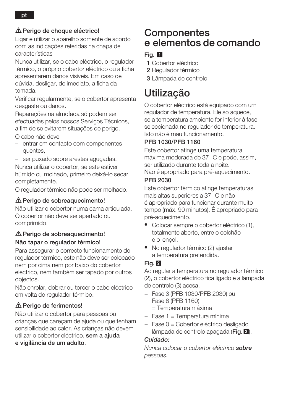 Componentes e elementos de comando, Utilização | Bosch PFB2030 Wärmeunterbett relaxxtherm L preheat User Manual | Page 29 / 52