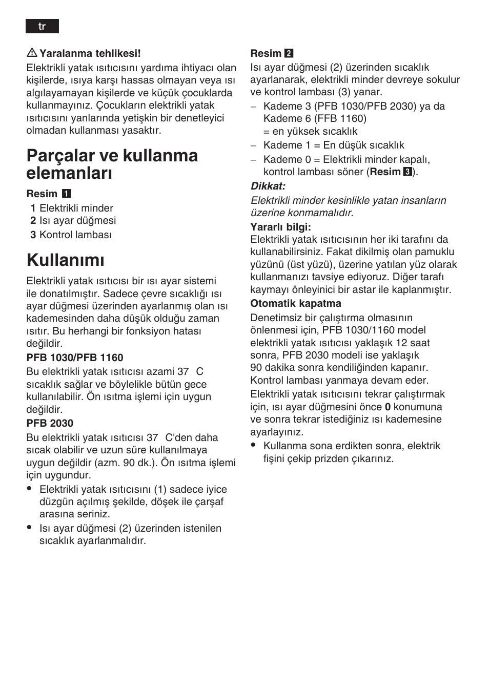 Parçalar ve kullanma elemanlar, Kullanm | Bosch PFB2030 Wärmeunterbett relaxxtherm L preheat User Manual | Page 35 / 52
