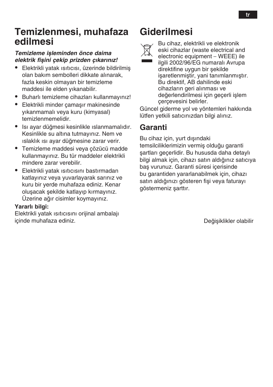 Temizlenmesi, muhafaza edilmesi, Giderilmesi, Garanti | Bosch PFB2030 Wärmeunterbett relaxxtherm L preheat User Manual | Page 36 / 52