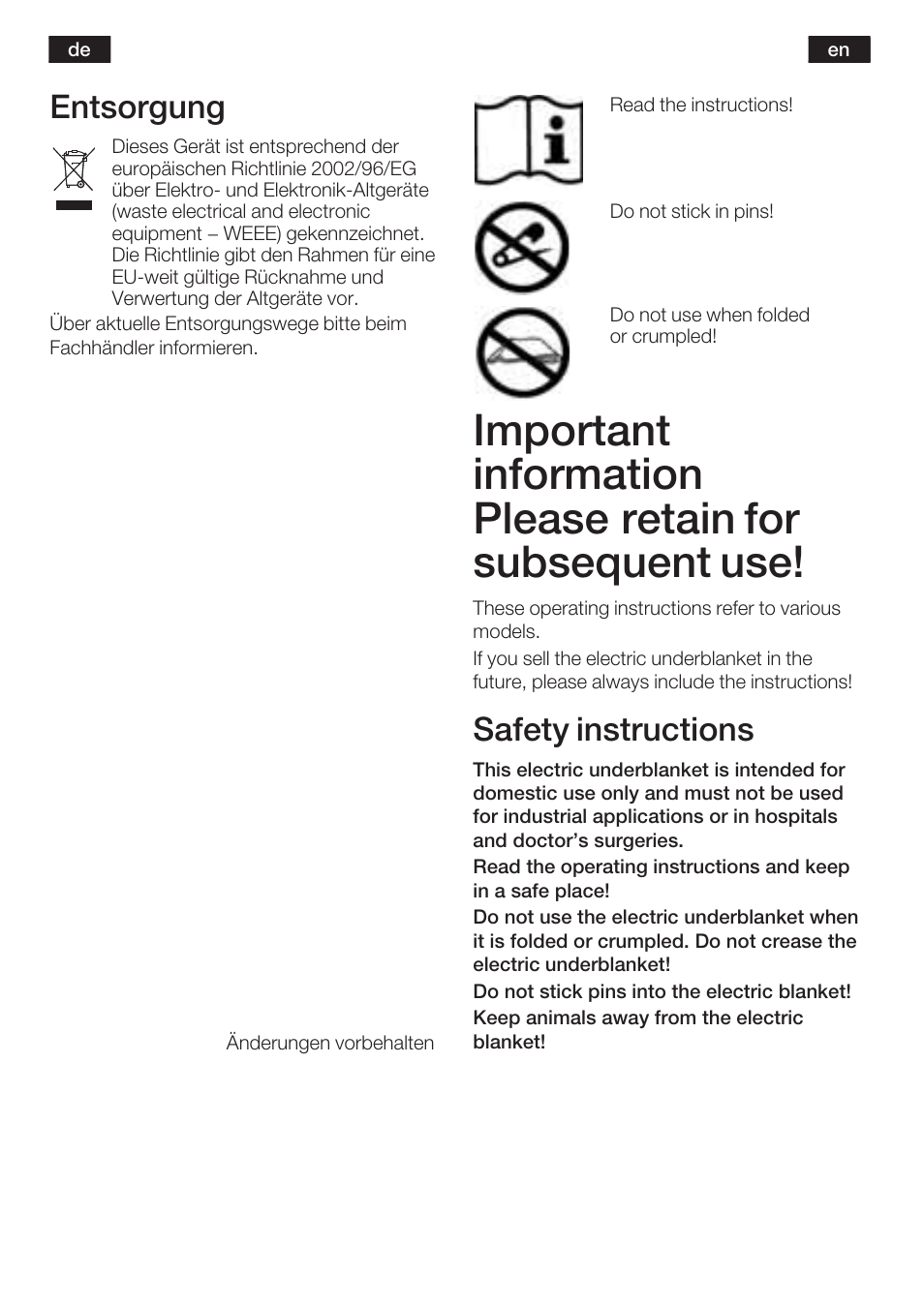 Entsorgung, Safety instructions | Bosch PFB2030 Wärmeunterbett relaxxtherm L preheat User Manual | Page 5 / 52