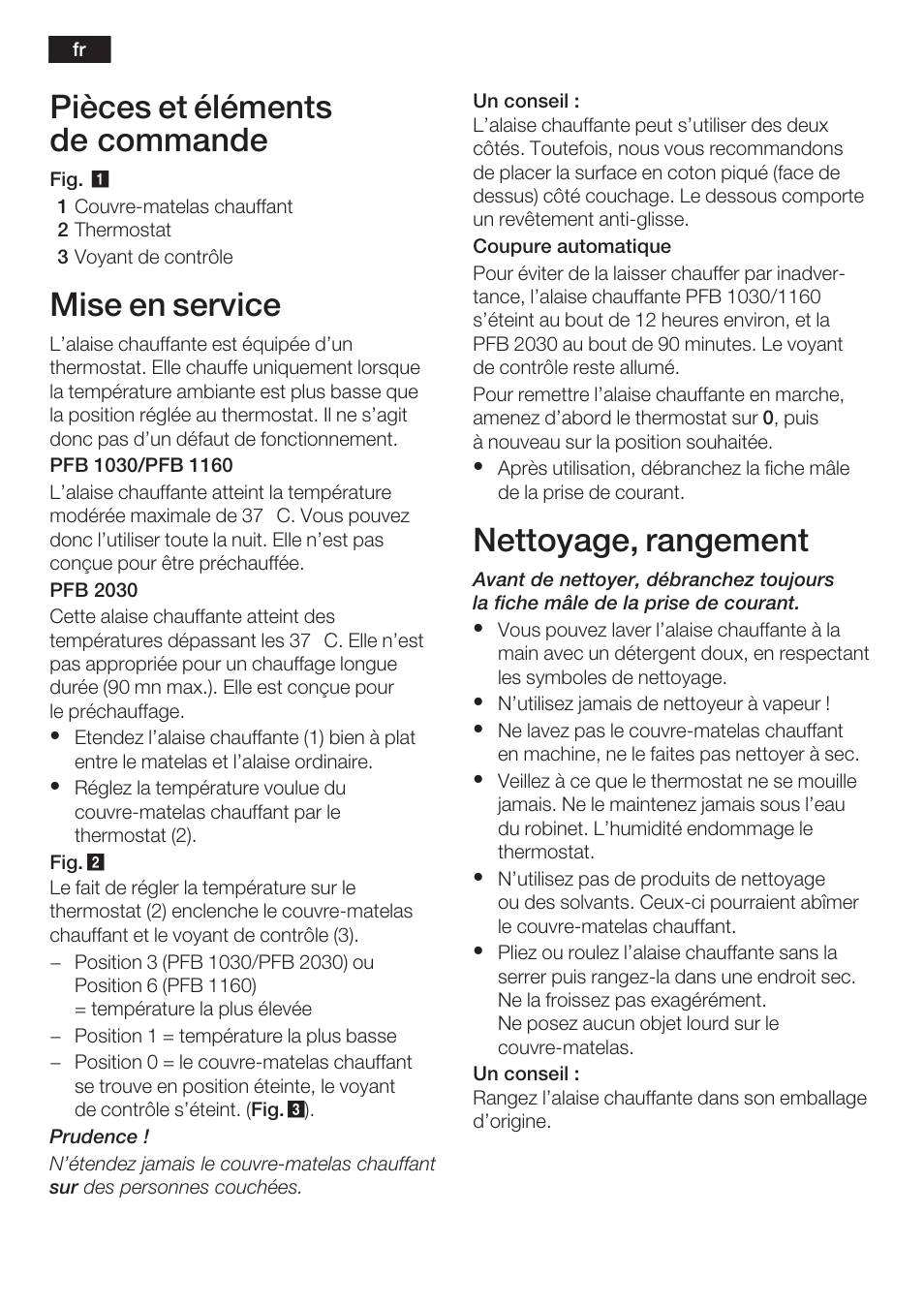 Pièces et éléments de commande, Mise en service, Nettoyage, rangement | Bosch PFB2030 Wärmeunterbett relaxxtherm L preheat User Manual | Page 9 / 52