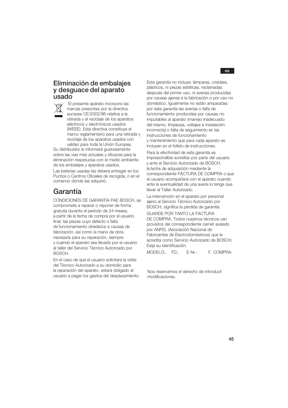 Garantía | Bosch PPW2250 Analysewaage elektronisch axxence classic sportlife User Manual | Page 45 / 85