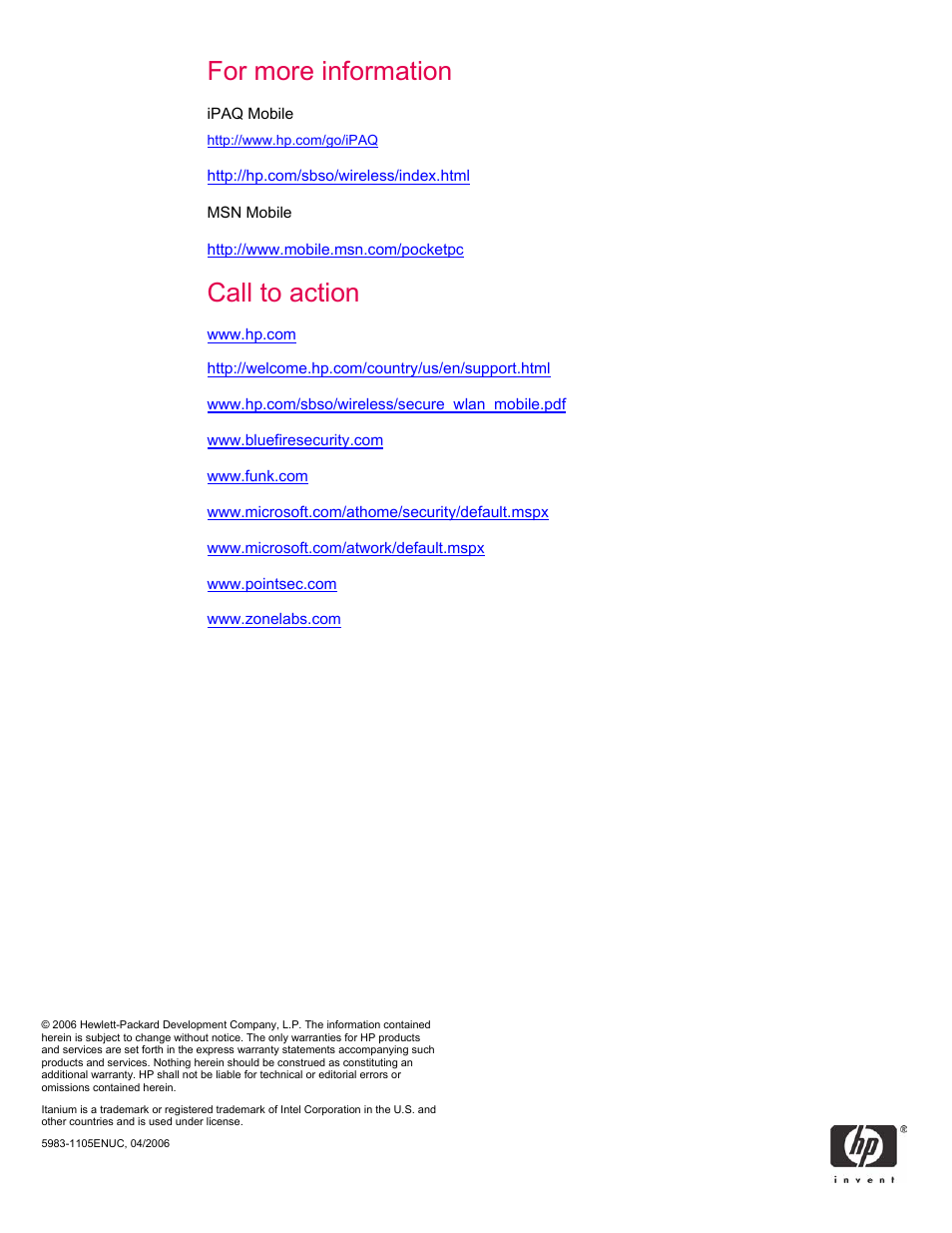 For more information, Call to action | HP iPAQ rx5900 Travel Companion User Manual | Page 10 / 10
