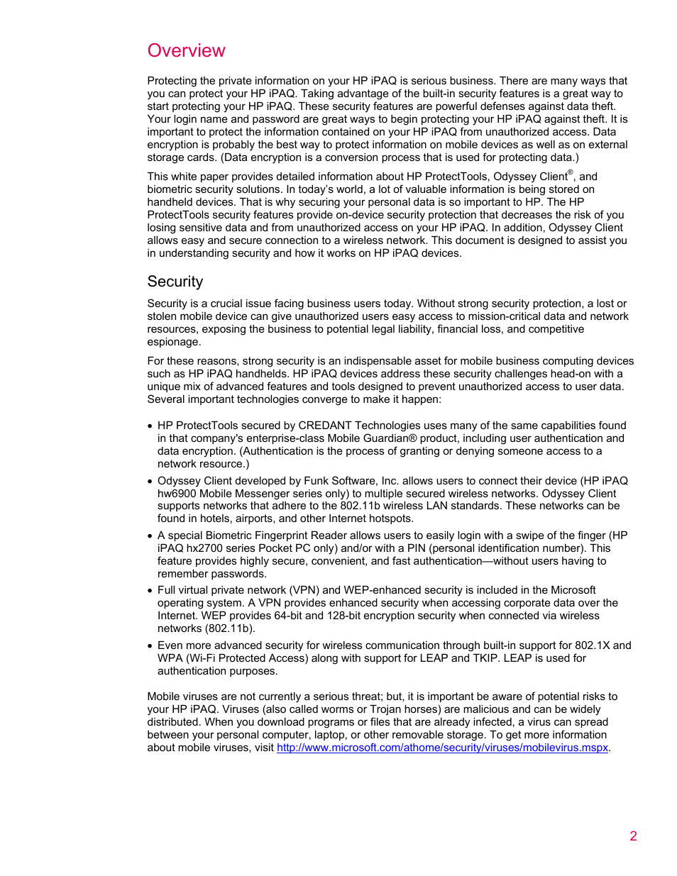 Overview, Security | HP iPAQ rx5900 Travel Companion User Manual | Page 2 / 10